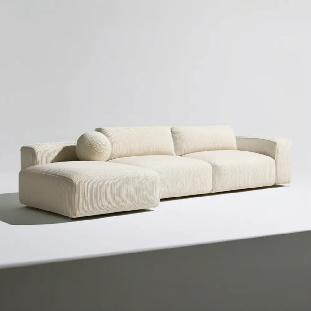 Kremowa narożna sofa 3-osobowa z lewostronnym szezlongiem, sztruks poliestrowy, 280 × 105 × 72 cm