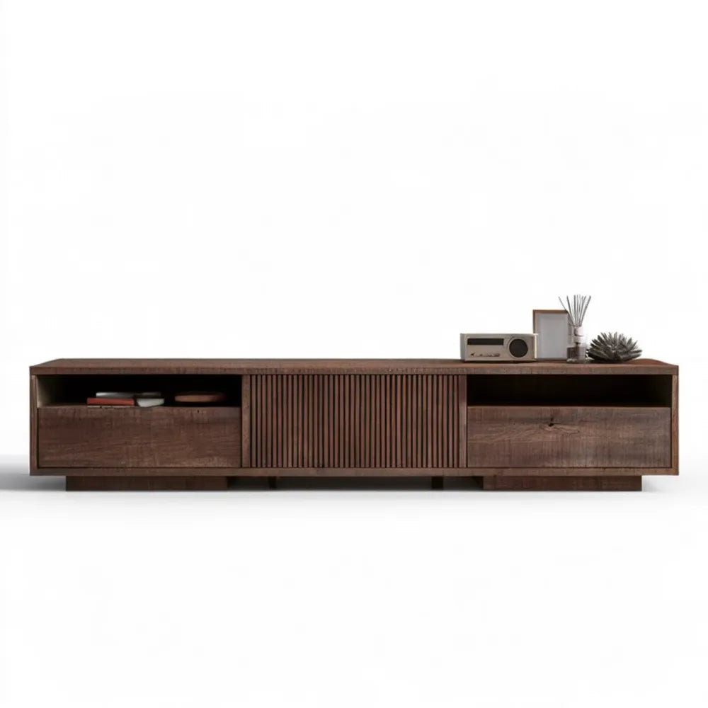 Szafka RTV z fornirowanego MDF w kolorze ciemnego orzecha, 220 × 40 × 55 cm