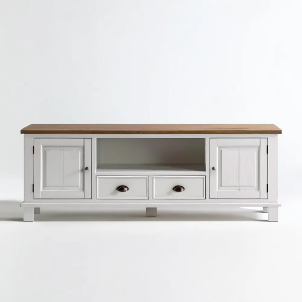 Szafka RTV z MDF i blatem sosnowym, biało-brązowa, 150 x 40 x 60 cm