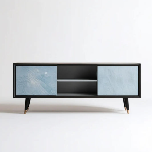 Szafka RTV czarna z niebieskoszarymi frontami i złotymi detalami, 140 × 40 × 55 cm