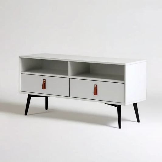 Biała szafka RTV MDF z 2 szufladami i 2 wnękami, 120 x 40 x 60 cm