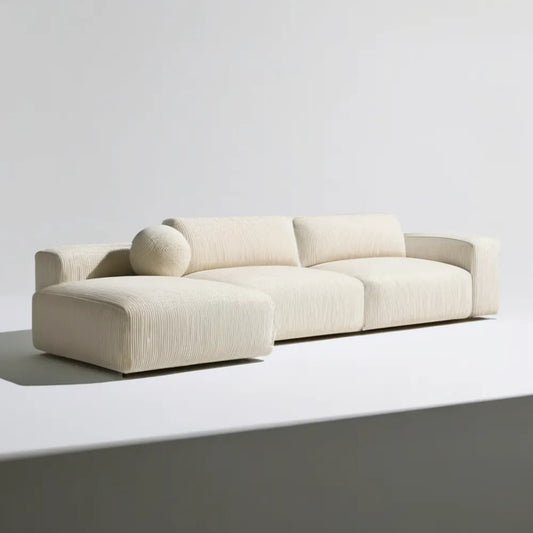 Kremowa narożna sofa 3-osobowa z lewostronnym szezlongiem, sztruks poliestrowy, 280 × 105 × 72 cm